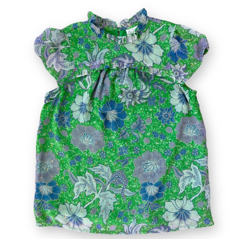 Joie Green Floral Print Blouse Cap Sleeves High Neck Size Small